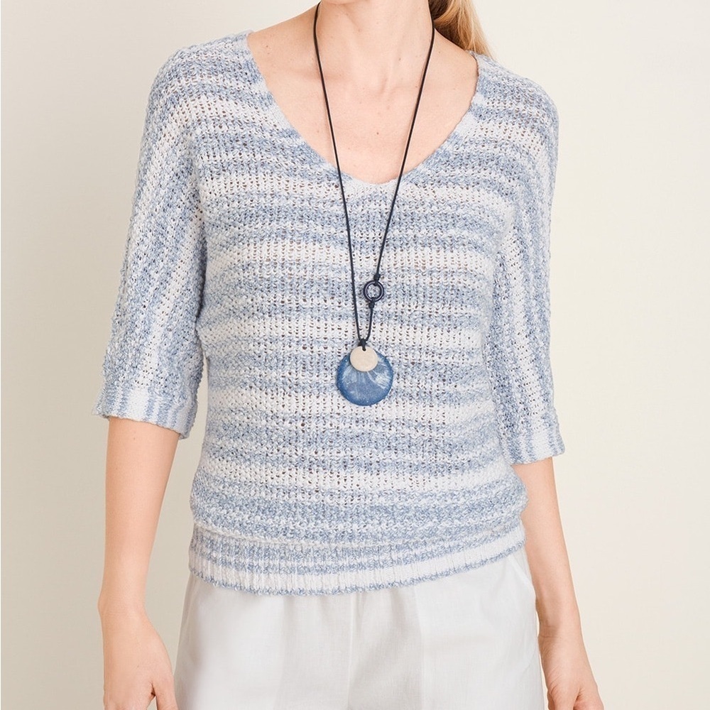 Chicos Striped Tape Yarn V Neck Pullover Sweater Light Blue Stripe Linen Blend